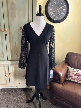 London Times Black V-Neck Dress with Lace Long Sleeves